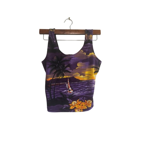 Y2K Tropical Print Tank Top Purple Yellow Hawaiian Palm Tree Sleeveless - Picture 1 of 4